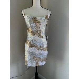 Crystal Sky Sequin Sleeveless Short Dress Gold and White Lined Sz XS